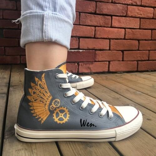 Wen Original Hand Painted Shoes Design Custom Steam Punk High Top Men Womens Dark Grey Canvas Sneakers