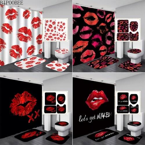 Sexy Red Lips Shower Curtains for Bathroom Decoration Durable Lip Print Toilet Lid Cover Mats Anti-skid Rugs Fabric Bath Curtain