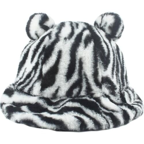 2021 Winter Zebra Striped Faux Fur Bucket Hats For Women Outdoor Warm Panama Hat Soft Velvet Dome Fisherman Cap