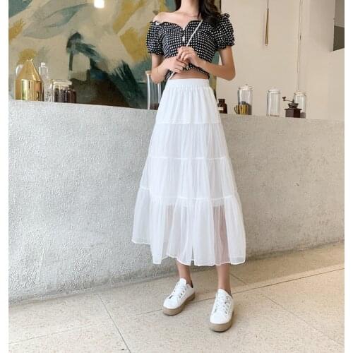 Summer new chiffon patchwork net yarn tango pure color high-waisted temperament long white pleated black tulle skirt for womens