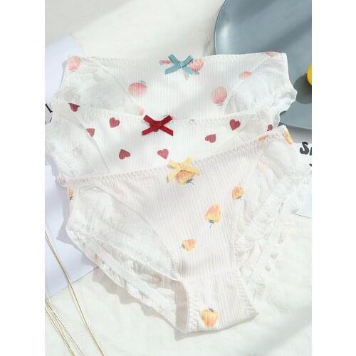 Sweet Fruit Printings Women Cotton Panties Underwear Cute Briefs Cute Girls Intimates Lolita Ruffles Bows Trim