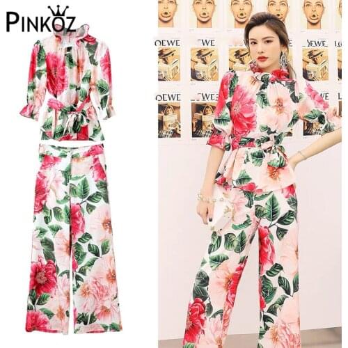 Pinkoz rose flower two pieces set women red floral elegant tops blouse lady +long wide leg pant set suit casual plus size 2XL