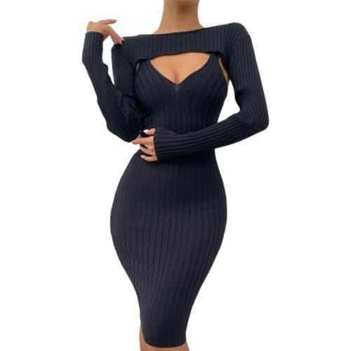 Women Close-fitting Two-piece Clothes Set, Black Solid Color Long Dress and Crop Tops S/ M/ L