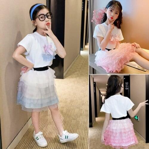 Cute Girls Outfits Boutique Flower Lace Bow Tulle Tutu Skirt Sets for Teenage Girl Clothes Suit Summer Novelty Princess Clothes