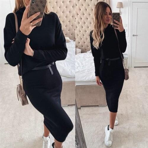 Fashion Women Autumn Casual Plain Bodycon Midi Dress Elegant ladies Long Sleeve Black Dresses Dames Stretch Streetwear