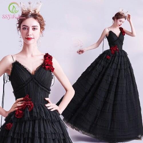 SSYFashion New Black Prom Dress Sexy V-neck Floor-length Red Flower Princess Long Formal Evening Gown Special Occasion Dresses