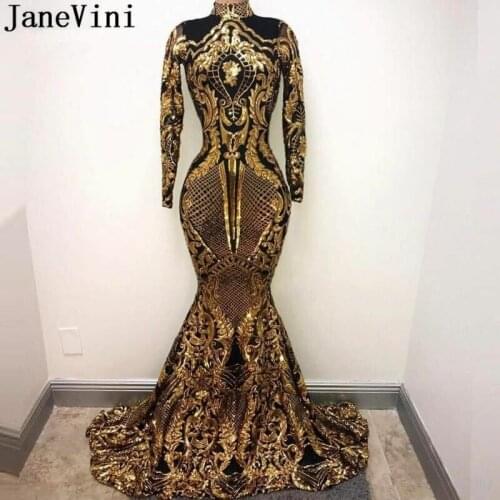 JaneVini Bling Gold Sequin Evening Dress Arabic Women Mermaid Long Sleeve Evening Gown Lange Jurk Dubai Formal Party Prom Dress