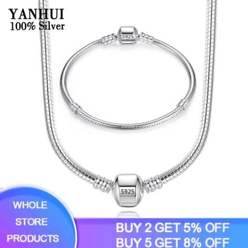 2 Piece 925 Silver Necklace Bracelet Jewelry Set Luxury Bridal Wedding Sets Women Original 3mm Snake Charm Bracelet Necklace