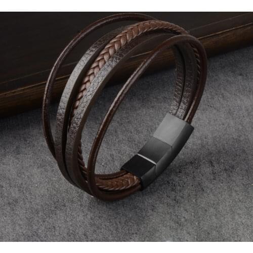 Classical Genuine Leather Bracelet Men Stainless Steel Magnetic Buckle Multilayer Braided Bracelets For Men Bangle Jewelry