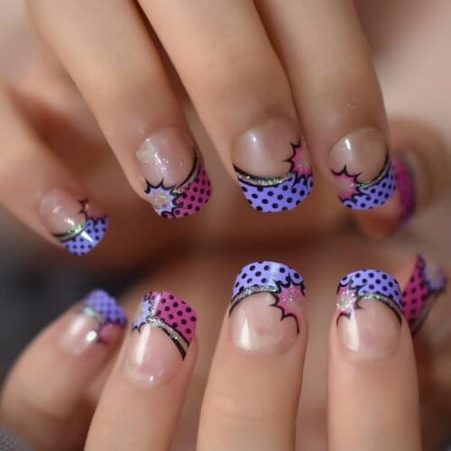 Boom Star French Nails Children Finger Decoration Pre-designed False Nails Purple Transparent Small Size Manicure Tips