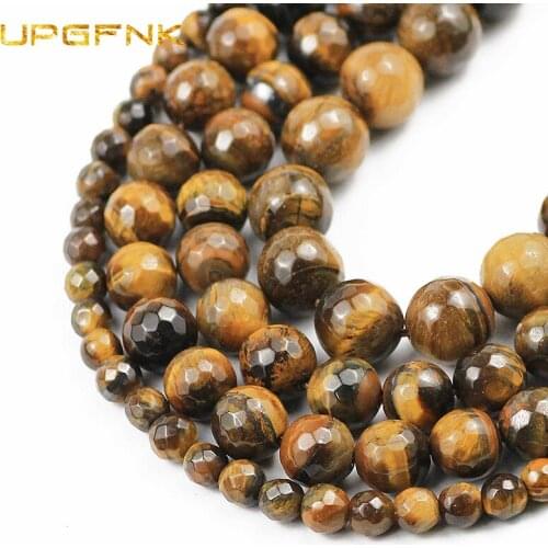 UPGFNK Natural Stone Faceted Yellow Tiger Eye Round Loose Spacer Beads For Jewelry Making DIY Bracelet Accessories 6/8/10/12mm