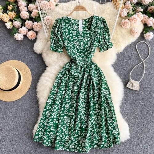 Croysier Leaf Floral Print Dress Women Summer Short Puff Sleeve Casual Midi Dress Knee Length Square Neck Elegant Vintage Dress