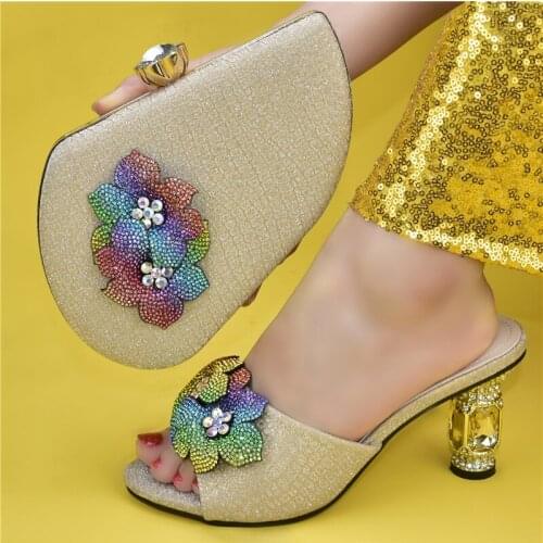Doershow beautiful gold Italian Shoes With Matching Bags African Women Shoes and Bags Set For Prom Party Summer Sandal ! HAS1-3