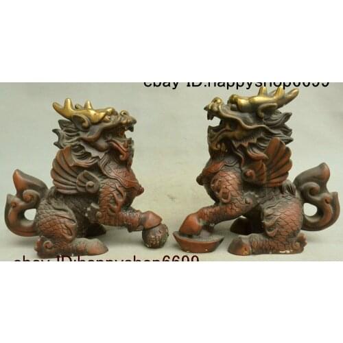Chinese Bronze Gilt Fengshui Kylin Chi-lin Qilin Beast Yuan Bao Ball Statue Pair