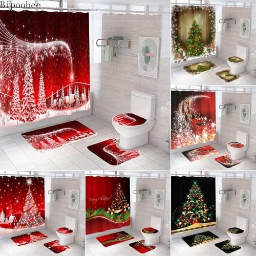 Bipoobee Christmas Tree Bathroom Set Shower Curtain Waterproof Santa Claus Anti-skid Rugs Toilet Cover Bath Curtains with Hooks