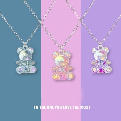 Fashion Candy Color Crystal Acrylic Transparent Three-dimensional Bear Pendant Gradient Cartoon Necklace Girl Cute Party Gift