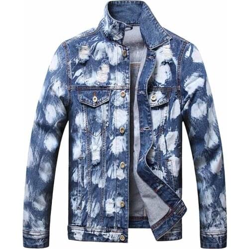 Mcikkny Men Fashion Ripped Holes Denim Jackets Printed Streetwear Washed Outwear Tops For Male Hip Hop