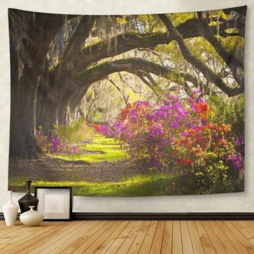Charleston Sc Plantation Live Oak Trees Spanish Moss Azalea Flowers Blooming Spring Blooms Tapestry Wall Hanging for Living Room