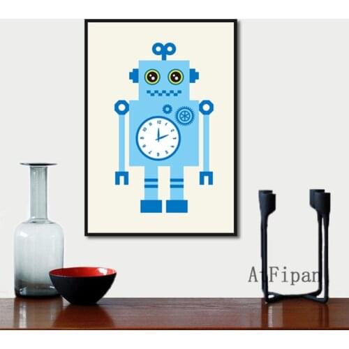 Cartoon Poster Blue Clock Smiling Robot Picture Canvas Painting Prints Wall Art For Living Room Children Bedroom Decor