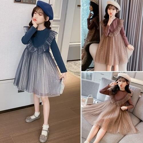 Girls Dress Long-Sleeved Puffy Gauze Skirt 2020 Autumn New Childrens Wear Gradient Sequin Princess Skirt