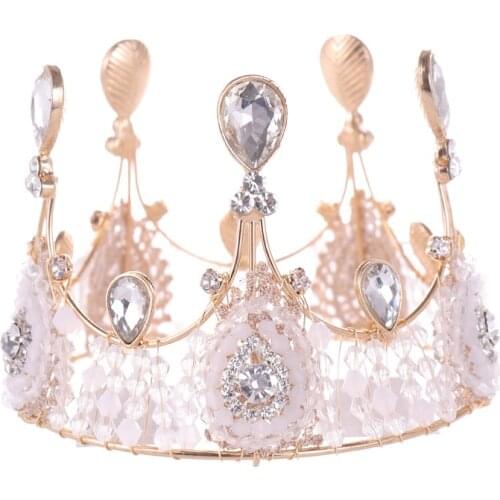 Vintage Royal Full Round Crown Alloy Rhinestone Beaded Tiaras Bridesmaid King Headband for Women Men LXH