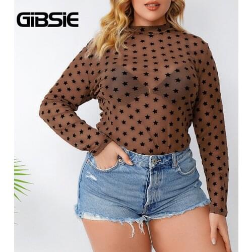 GIBSIE Plus Size Mock Neck Star Flocked Sheer Mesh Top Women Spring Summer Long Sleeve Casual Sexy See Through Blouse