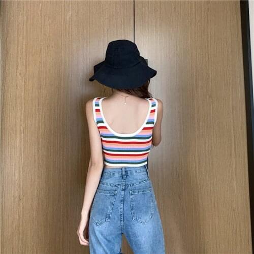 Ladies Short Tight Sexy Tees Fashion Cool Girls Tees Rainbow Striped Tank Tops