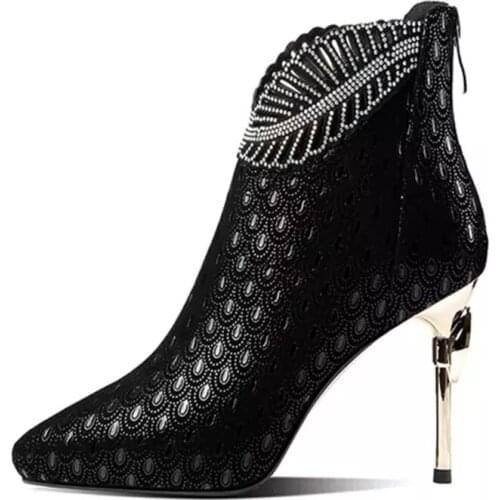 New Peacock Pattern Embossed Leather Boots Woman Ankle Boots Plating Heel Rhinestone Womens Winter Shoes Female Footware Blue