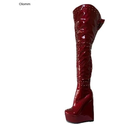 Olomm Women Platform Sexy Studded Thigh High Boots Wedges High Heels Boots Round Toe 6 Colors Club Shoes Women Plus US Size 5-20