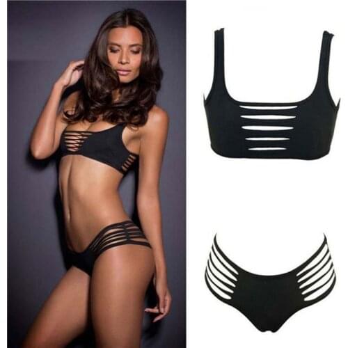 Women Bikini Set Low Square Neck Hollowed Tank Tops With Triangle Bottoms Swimsuits For Women Beach Solid Black Swimming Suits
