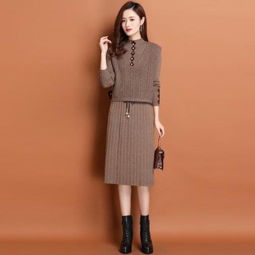 2021 Autumn Winter New Women Hollow Vest + Sweater Dress Suit Solid Color High Quality Long Sleeve Knitted Two Piece Sets X107