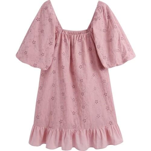 Women Sweet Floral Embroidery Mini Dress Lantern Short Sleeve Ruffles Dresses Loose Elegant Square Collar Pink Dress