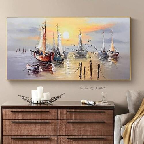 100% Art Original Hand Painted Modern Landscape Oil Sailing Ocean Living Decoration Entrance Study Room Mural Smooth Sailing