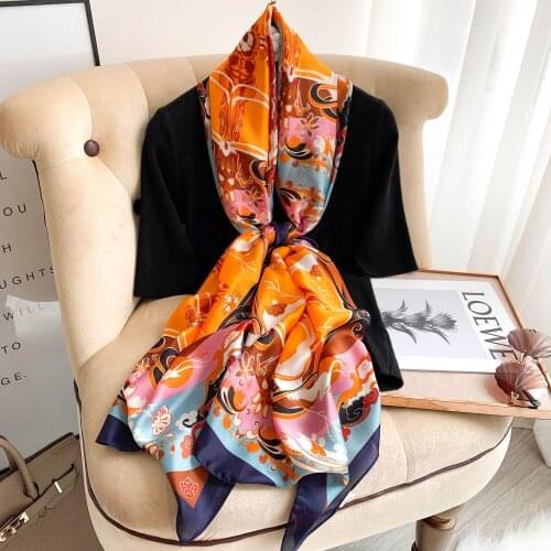2021 New Retro Fashion Flower Printed Silk Scarf Womens Long Scarves Winter Warm Neckerchief Travel Sun Shawl Muslim Hijab Gift