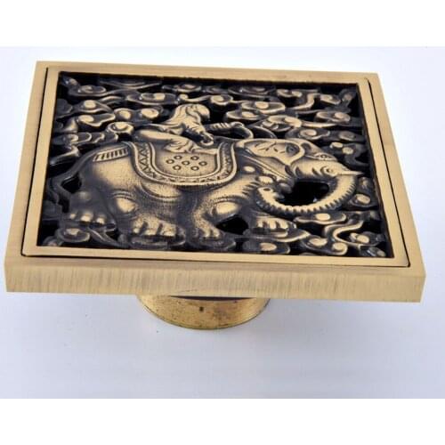 Antique Brass Vintage Carved Flower Pattern Bathroom Shower Drain 4" Square Floor Drain Waste Grates Bathroom Accessory mhr077