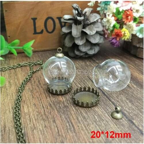 Freeshipping Charm 20*12mm clear Glass bubble display& bronze lace base& 6mm cap& 70cm necklace Set DIY glass globe vial pendant