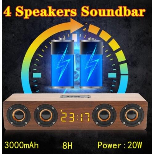 Wooden Speaker Wireless Bluetooth Soundbar 4 Speakers HIFI Sound Quality with LED Display Alarm Clock Music Center for Computer