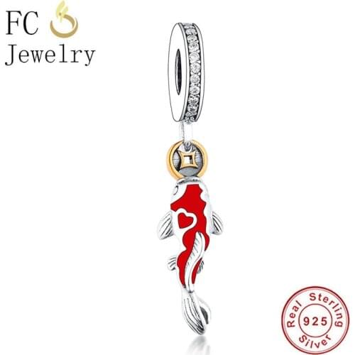 FC Jewelry Fit Original Brand Charms Bracelet 925 Silver Gold Color Fortune Red Carp Fish Coin Beads Pendant Making Berloque