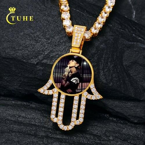 Hamsa Hand Customized Photo Pendant Necklace Men Women Copper Zircon Pendant Personalized Engraved Name Chain Hip Hop Jewelry