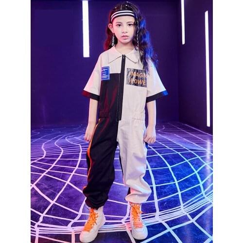 Boys Girls Short Sleeve Hip Hop Clothing Loose Khaki Jumpsuit Overalls Kids Jazz Dance Costume Hiphop Outfits Clothes Wear