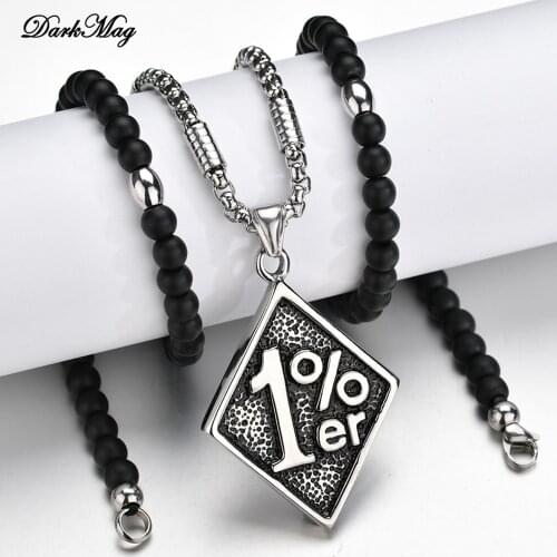 DarkMag Silver Color 316L Stainless Steel Outlaw One Percent 1% ER Necklace Black Beads Motorcycle Biker Mens Necklace