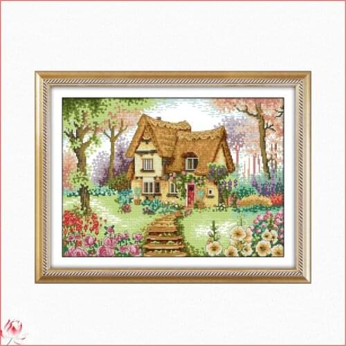 A Country Cabin Cross Stitch Kit Scenery Flowers Pattern 14CT White 11CT Printed Embroidery set DIY Home Decoration Painting