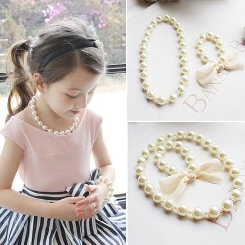 New Fashion Kids Romantic Pearl Jewelry Set for Children Simulated Bead Necklace Bracelet Little Girls Birthday Party Princess