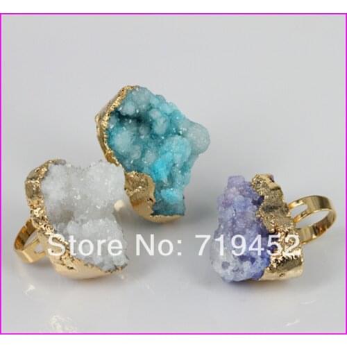 New arrival! 6pcs of Gold 24 kt. Plated Wholesale natural druzy stone quartz drusy stone gem ring jewelry ring NEW DESIGN