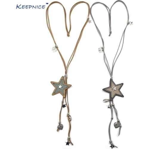 New handmade leather cord five stars Pentagram pendants long necklace bohemian Boho chic necklace