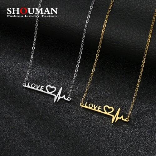 SHOUMAN Stainless Steel Heart Love Letter Heartbeat Necklaces High Polished Gold Color for Momen Girl Party Jewelry