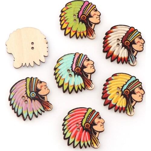 50pcs/lot 31*31mm Indian Avatar Shape Wooden Buttons Mixed Handmake Scrapbooking For Crafts DIY Sewing Accessories