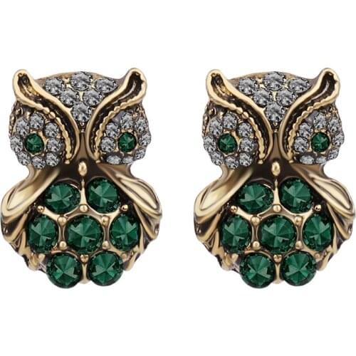 Fashion Cute Animal Earring Vintage Earring Jewelry Women Bijoux Piercing Green Crystal Owl Earrings Stud