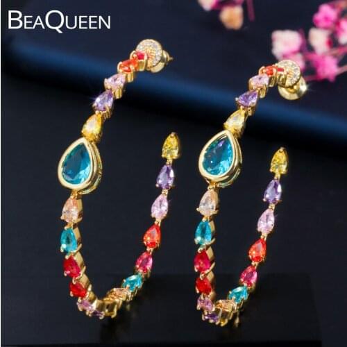 BeaQueen Stylish Big Water Drop Stones Multicolored Rainbow Round Hoop Earrings Yellow Gold Color CZ Crystal Ear Jewelry E345