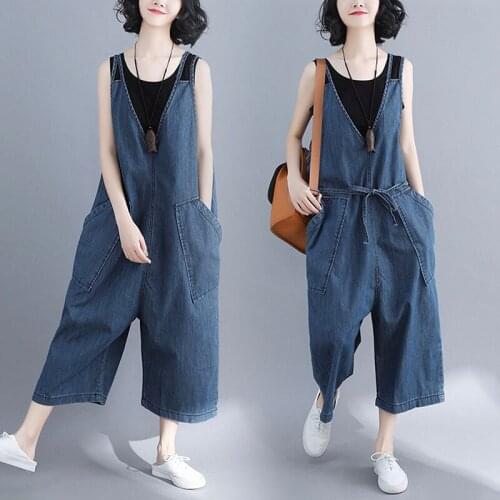 Loose thin section denim overalls women 2020 new summer Korean version large size wild Slim nine pants wide leg pants Female w75